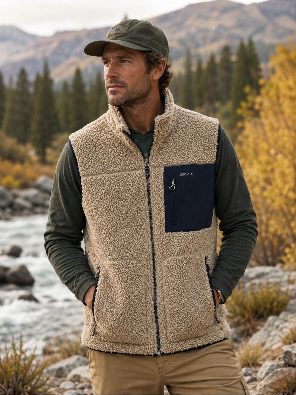 ORVIS Men's Tan with Navy Chest Pocket Fleece Lined Sherpa Vest L